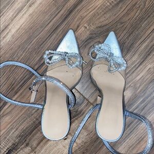 Silver Heels with Ankle Wrap and Pointed Toe
